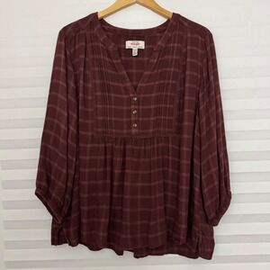 Wrangler Womens XXL Burgundy Plaid Pintuck 3/4 Sleeve Peasant Babydoll Top